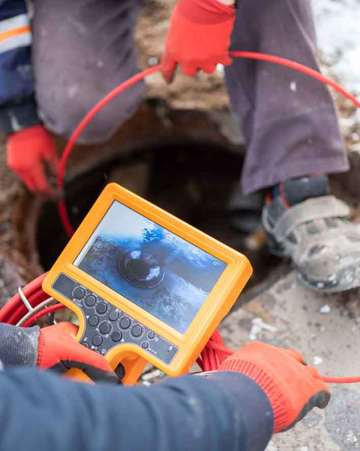 Qu'est-ce que l'inspection de conduite d'égout ? Un technicien insère une caméra dans les égouts.