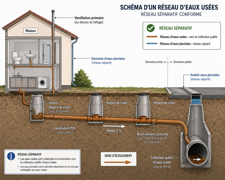 normes évacuation des eaux usées : schéma d'évacuation des eaux usées.