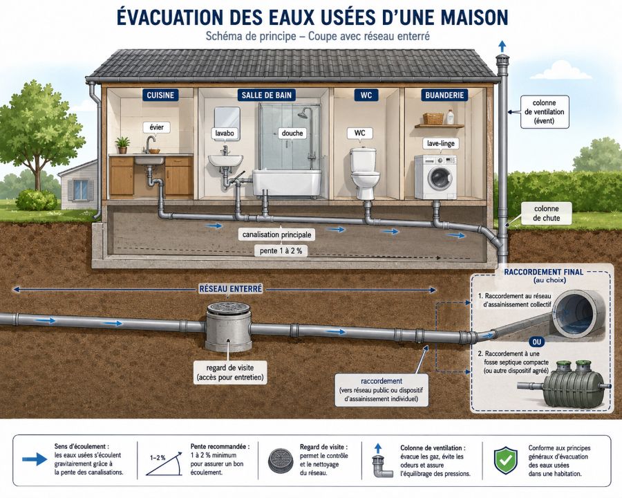 Plan évacuation eaux usées maison.