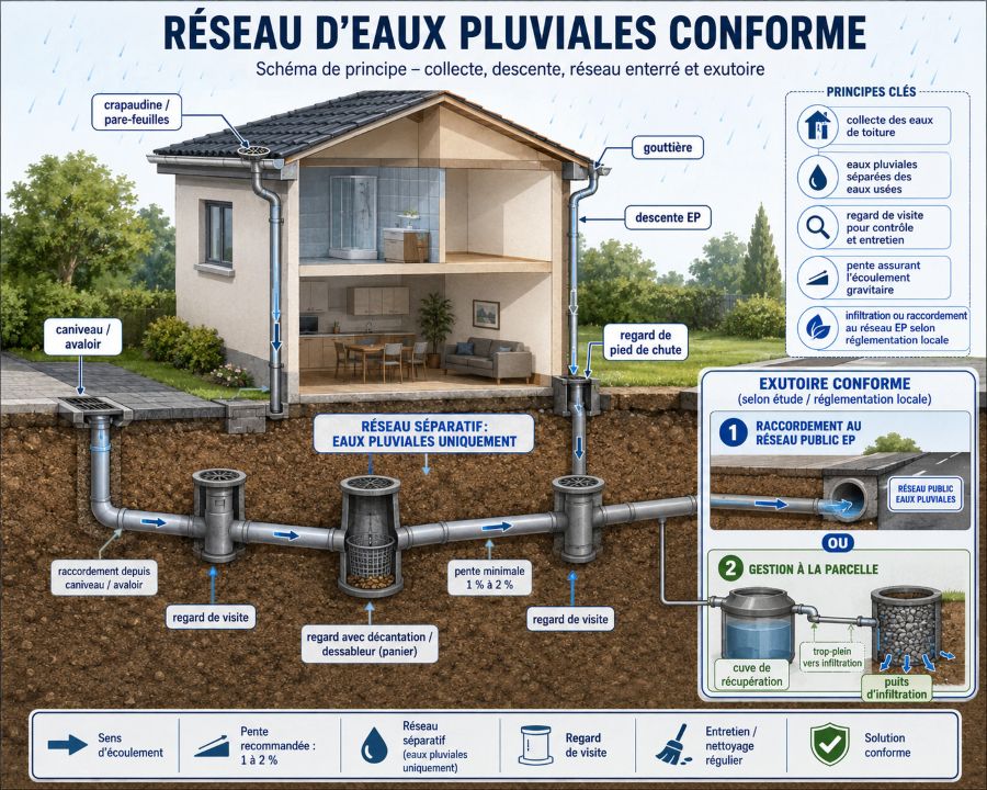 Raccordement eaux pluviales conforme : schéma.